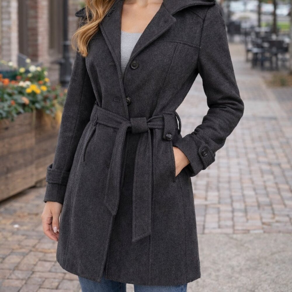 Liz Claiborne Dark Gray Wool Blend Hooded Coat Trench Jacket XL